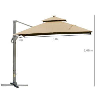 Parasol déporté LED carré double toit inclinable pivotant manivelle piètement acier dim. 3L x 3l x 2,66H m beige