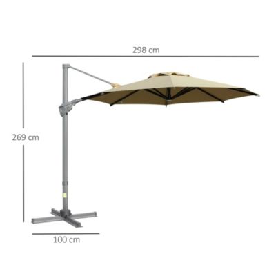 Parasol déporté octogonal inclinable pivotant manivelle dim. 3L x 3l x 2,5H m alu. acier époxy polyester kaki