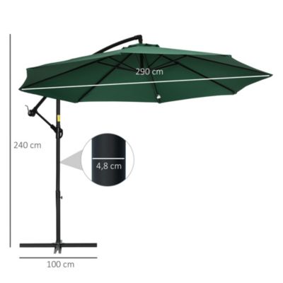 Parasol déporté octogonal inclinable pivotant manivelle pied acier dia. 2,9 x 2,4H m vert