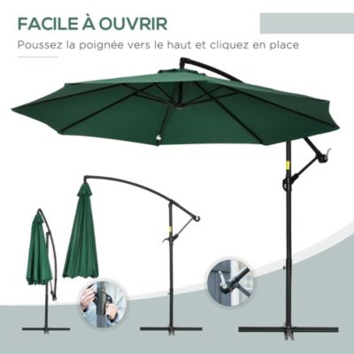 Parasol déporté octogonal inclinable pivotant manivelle pied acier dia. 2,9 x 2,4H m vert