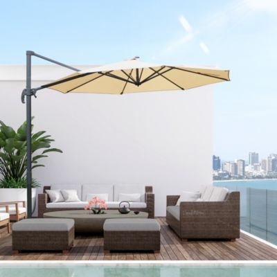 Parasol déporté octogonal inclinable rotatif manivelle piètement acier mât alu. dia. 2,95 x 2,5H m polyester haute densité