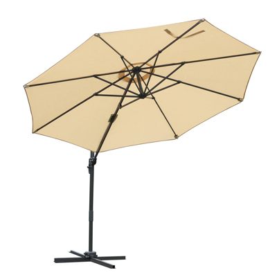 Parasol déporté octogonal inclinable rotatif manivelle piètement acier mât alu. dia. 2,95 x 2,5H m polyester haute densité