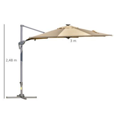 Parasol déporté octogonal parasol LED inclinable pivotant manivelle piètement acier dia. 3 x 2,48H m beige