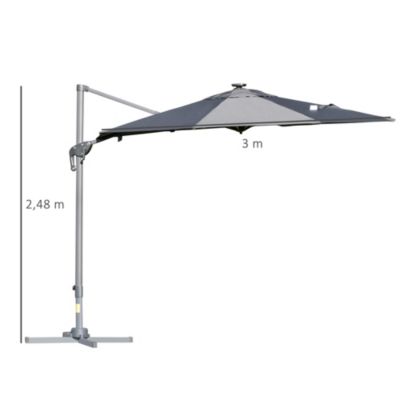 Parasol déporté octogonal parasol LED inclinable pivotant manivelle piètement acier dim. 3 x 2,48H m gris