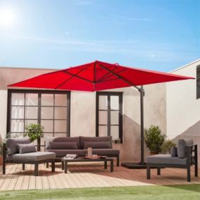 Parasol déporté rectangulaire rouge 3x4m + dalles à lester 50x50cm