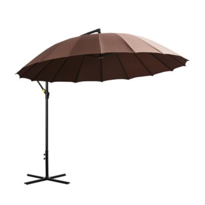 Parasol déporté rond inclinable manivelle piètement mât métal. dim. 2,96 x 2,6H m polyester haute densité