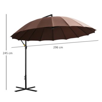 Parasol déporté rond inclinable manivelle piètement mât métal. dim. 2,96 x 2,6H m polyester haute densité