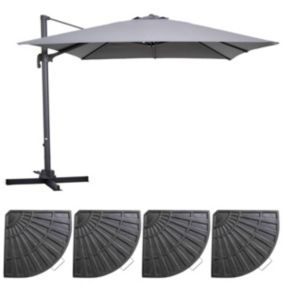 Parasol déporté rotatif  3x3m et 4 dalles lestées aluminium gris  Oviala