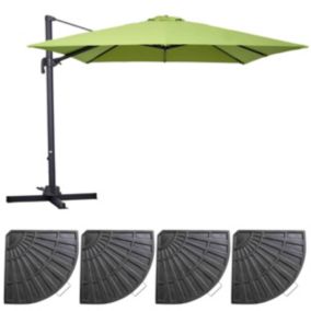 Parasol déporté rotatif 3x3m et 4 dalles lestées aluminium vert  Oviala