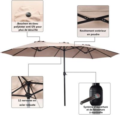 Parasol de Jardin avec 12 Ossatures Parasol en Fer avec Manivelle pour Balcon Plage Jardin Beige