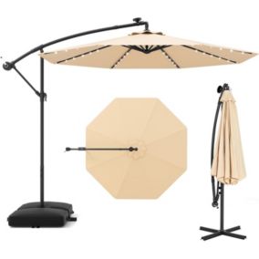 Parasol de Jardin avec 32 Lampes Solaires Parasol Déporté Inclinable avec Pied de Support pour Jardin Plage Beige