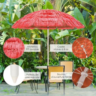 Parasol de Jardin de Paille en PP Parasol Pliant Exotique Inclinable avec Bord Drapé 8 Baleines pour Jardin Patio