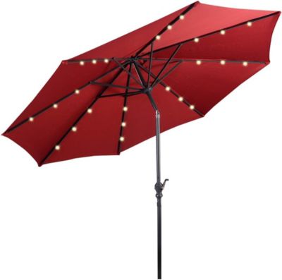 Parasol de Jardin Exterieur 2.7M 6 Baleines Lumineux Solaire 18 LED Manivelle Grand Parasol en Métal, Rouge