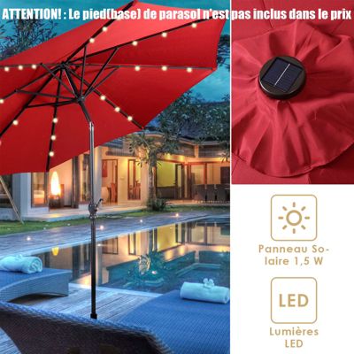 Parasol de Jardin Exterieur 2.7M 6 Baleines Lumineux Solaire 18 LED Manivelle Grand Parasol en Métal, Rouge