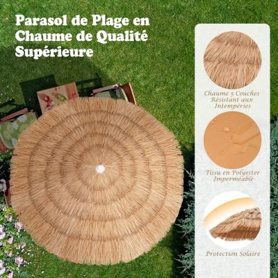 Parasol de Jardin Exterieur en Paille PP avec Sac de Transport 8 Baleines Parasol Inclinable Hauteur Réglable 140-190CM