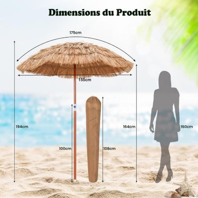 Parasol de Jardin Exterieur en Paille PP avec Sac de Transport 8 Baleines Parasol Inclinable Hauteur Réglable 140-190CM