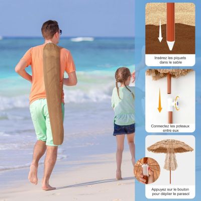 Parasol de Jardin Exterieur en Paille PP avec Sac de Transport 8 Baleines Parasol Inclinable Hauteur Réglable 140-190CM