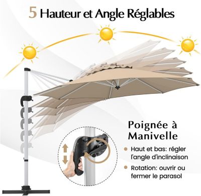 Parasol de Jardin Parasol Déporté Inclinable 8 Baleines Double Auvent Rotatif à 360Degres Base Croisée