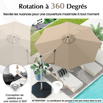 Parasol de Jardin Parasol Déporté Inclinable 8 Baleines Double Auvent Rotatif à 360Degres Base Croisée