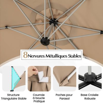 Parasol de Jardin Parasol Déporté Inclinable 8 Baleines Double Auvent Rotatif à 360Degres Base Croisée