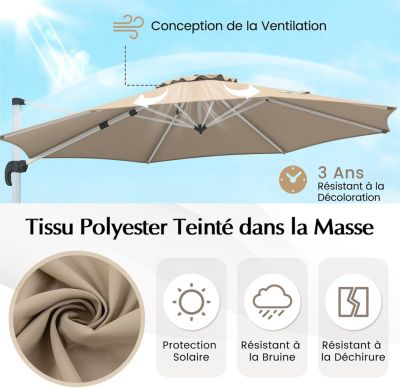 Parasol de Jardin Parasol Déporté Inclinable 8 Baleines Double Auvent Rotatif à 360Degres Base Croisée