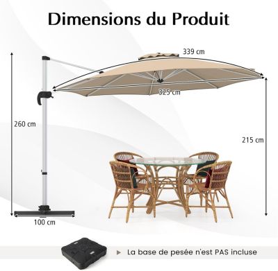 Parasol de Jardin Parasol Déporté Inclinable 8 Baleines Double Auvent Rotatif à 360Degres Base Croisée