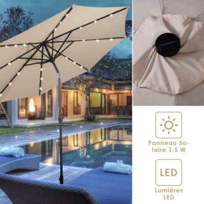 Parasol de Jardin Parasol Patio Droit Inclinable 18 LED Solaire Poteau Métallique avec Manivelle  sans Base