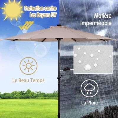 Parasol de Jardin Parasol Patio Droit Inclinable 18 LED Solaire Poteau Métallique avec Manivelle  sans Base