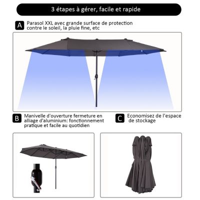 Parasol de jardin XXL parasol grande taille 4,6L x 2,7l x 2,4H m ouverture fermeture manivelle acier polyester haute densité gris