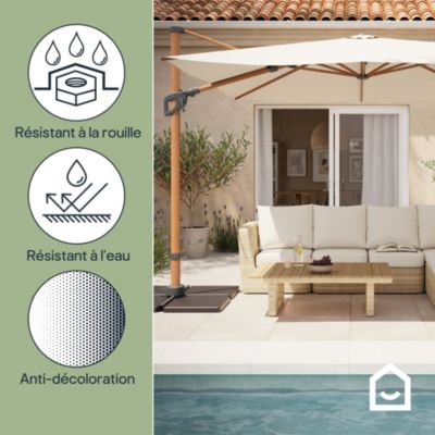Parasol déporté inclinable carré ouverture manivelle moonbeam effet bois 3 x 3m GoodHome Corby
