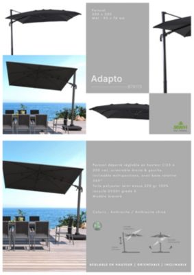 Parasol déporté inclinable carré ouverture manivelle toile anthracite Adapto l.3 x 3 m H.1,80 - 2,25 m
