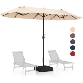 Parasol Double avec LED Solaire 400 x 200 CM avec Manivelle et Base Poteau Métallique pour Cour Patio Piscine Fête Beige