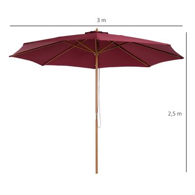 Parasol droit en bois polyester haute densité protection solaire dia. 3 x 2,5H m rouge