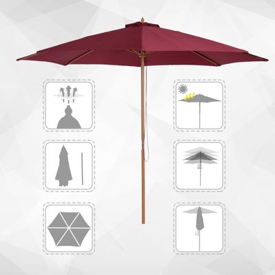 Parasol droit en bois polyester haute densité protection solaire dia. 3 x 2,5H m rouge