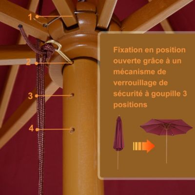 Parasol droit en bois polyester haute densité protection solaire dia. 3 x 2,5H m rouge