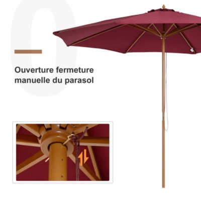 Parasol droit en bois polyester haute densité protection solaire dia. 3 x 2,5H m rouge