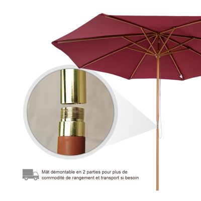 Parasol droit en bois polyester haute densité protection solaire dia. 3 x 2,5H m rouge