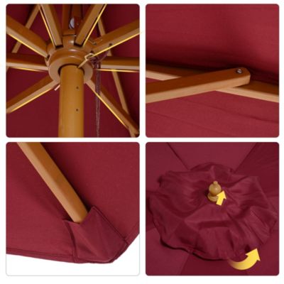 Parasol droit en bois polyester haute densité protection solaire dia. 3 x 2,5H m rouge
