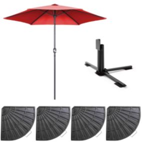 Parasol droit inclinable 3m et 4 dalles lestées aluminium rouge  Oviala