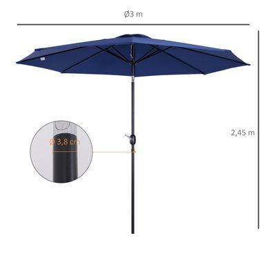 Parasol en métal rond polyester 180g/m² manivelle inclinable dia. 3 x 2,45H m