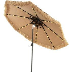 Parasol en Paille PE 2.7M avec Double Toit Inclinable de Style Hawaïen Tropical avec Panneau Solaire LED