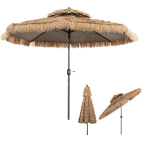 Parasol en Paille PE avec Double Toit Inclinable Style Hawaïen Bloquer Soleil pour Patio Terrasse Jardin H 260cm