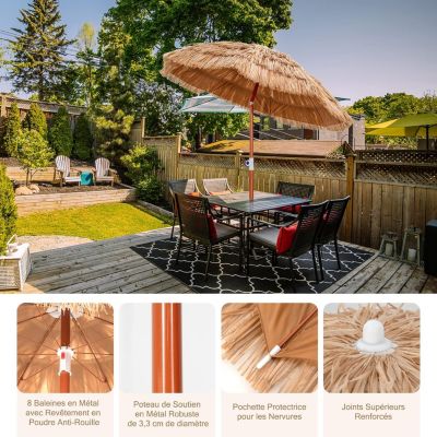 Parasol en Paille PE Style Hawaïen Inclinable avec Sac de Transport 8 Baleines Métallique pour  Plage Jardin H 194 cm