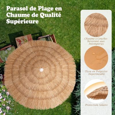 Parasol en Paille PE Style Hawaïen Inclinable avec Sac de Transport 8 Baleines Métallique pour  Plage Jardin H 194 cm