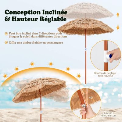 Parasol en Paille PE Style Hawaïen Inclinable avec Sac de Transport 8 Baleines Métallique pour  Plage Jardin H 194 cm