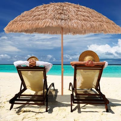 Parasol en Paille PE  Style Hawaïen Tropical Baleines pour Patio Terrasse Jardin H 220cm