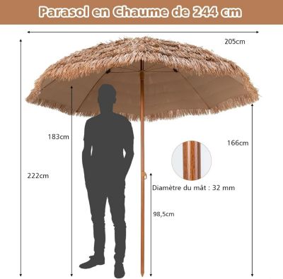 Parasol en Paille PE  Style Hawaïen Tropical Baleines pour Patio Terrasse Jardin H 220cm