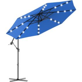 Parasol Extérieur, Parasol Réglable en Hauteur avec Manivelle, 24 LED Lampe Solaire, H245 cm, Bleu