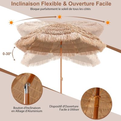VEVOR Parasol Hawaïen, 1,8 m Parasol Exotique Inclinable avec Toit Chaume PP, 8 Baleines Métalliques, Protection Solaire Extérieure Flexible pour Plage, Terrasse, Bord de Piscine, Jardin, Arrière-cour