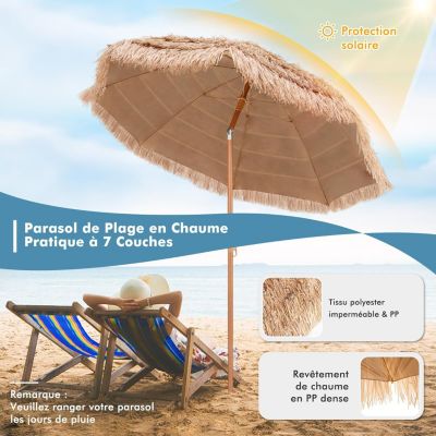 RELAX4LIFE Parasol Plage Hawaïen Inclinable, Paille Tropicale 8 Baleines, Mât En Fer Bouton D'Ouverture, Exotique Portable Balcon Appartement-Plage -Patio